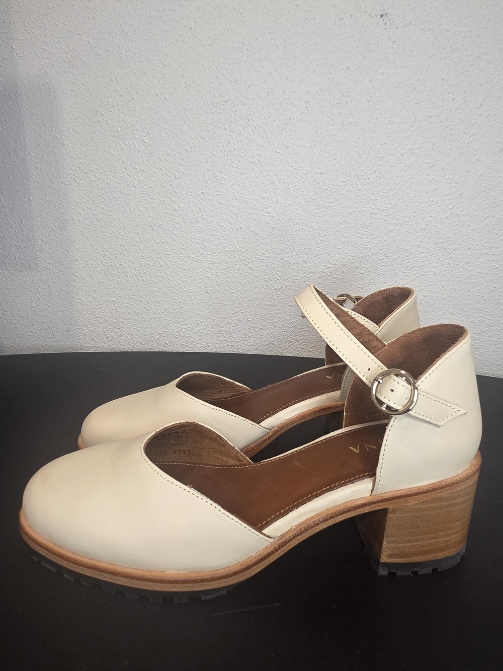Patina Cream Ankle-Strap Block Heels